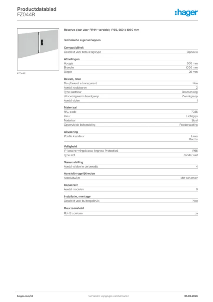 Afbeelding Hager Productdatablad FZ044R | Hager Nederland