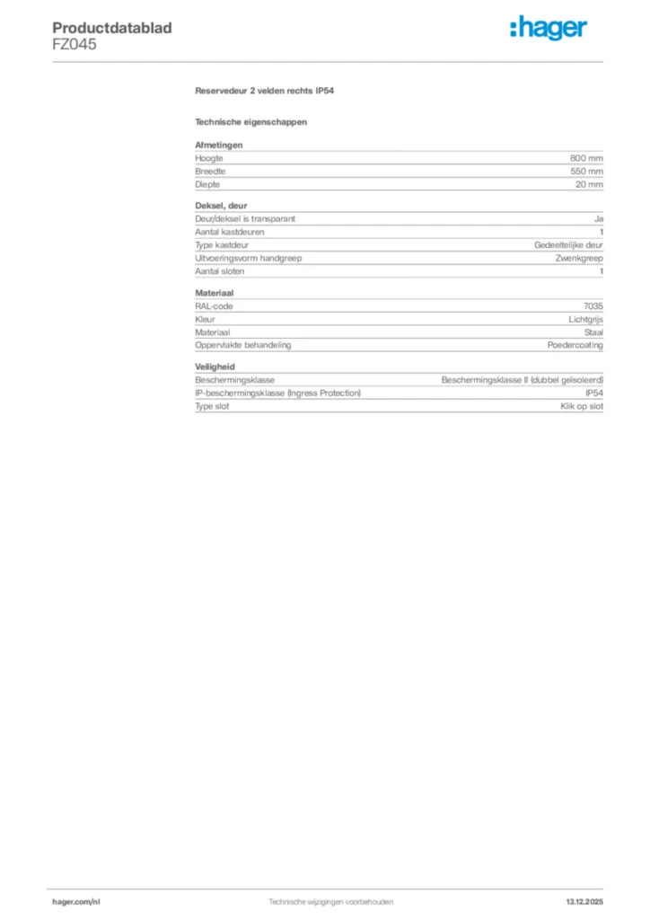 Afbeelding Hager Productdatablad FZ045 | Hager Nederland