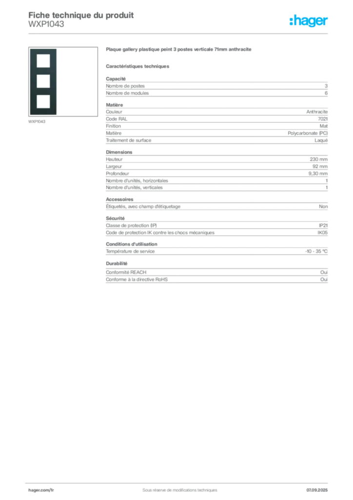 Image Hager Fiche technique du produit WXP1043 | Hager France