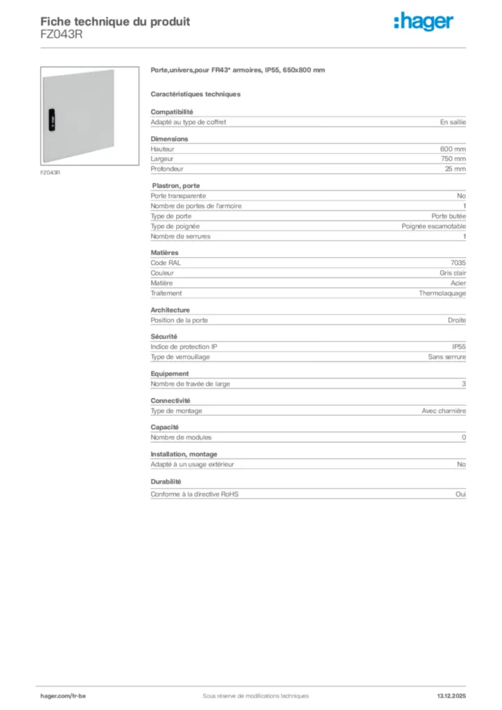 Image Hager Fiche technique du produit FZ043R | Hager Belgique