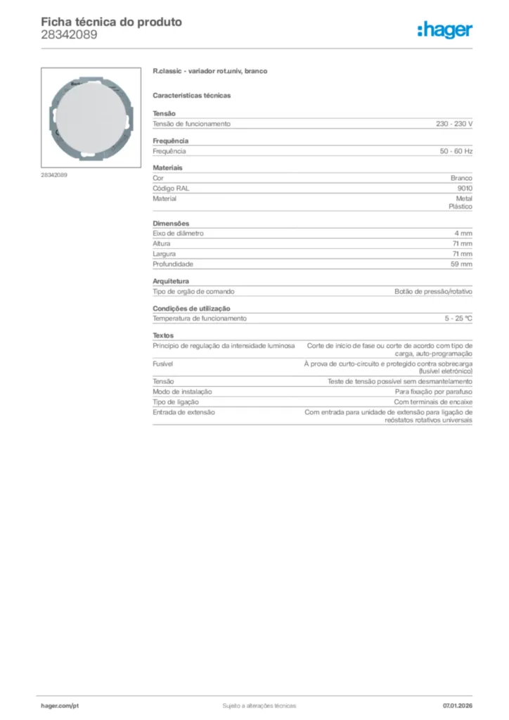 Imagem Hager Ficha técnica do produto 28342089 | Hager Portugal