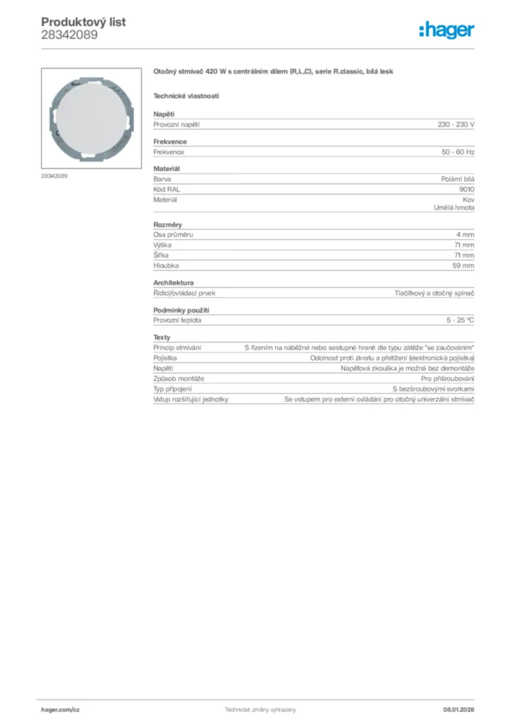 Obrázek Hager Product data sheet 28342089 | Hager