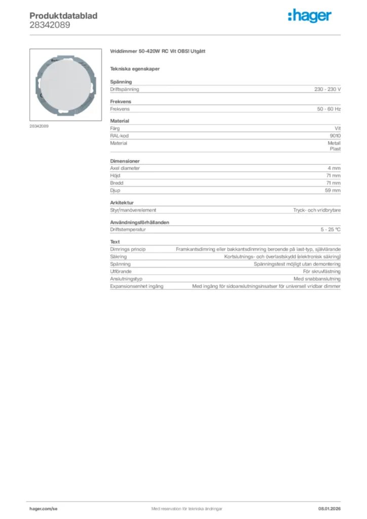 Bild Hager Produktdatablad 28342089 | Hager Sverige