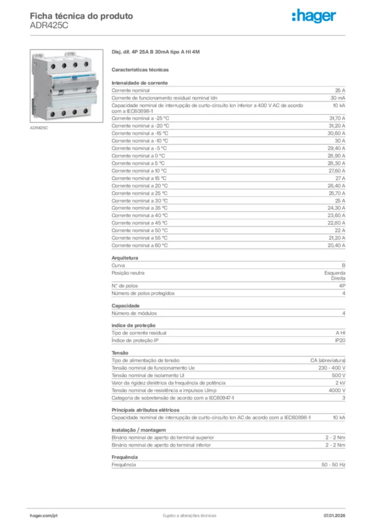 Imagem Hager Ficha técnica do produto ADR425C | Hager Portugal