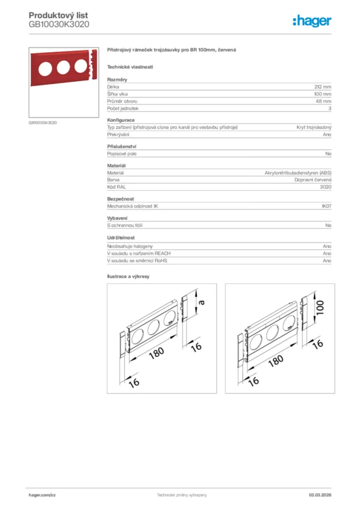 Obrázek Hager Product data sheet GB10030K3020 | Hager