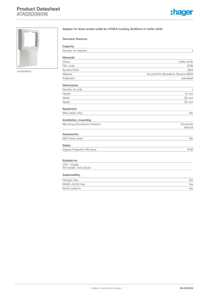 Image Hager Product data sheet ATA125399016  | Hager Africa