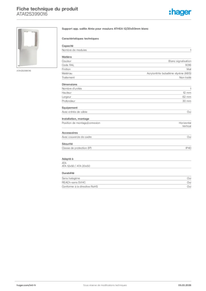 Image Hager Fiche technique du produit ATA125399016 | Hager Afrique