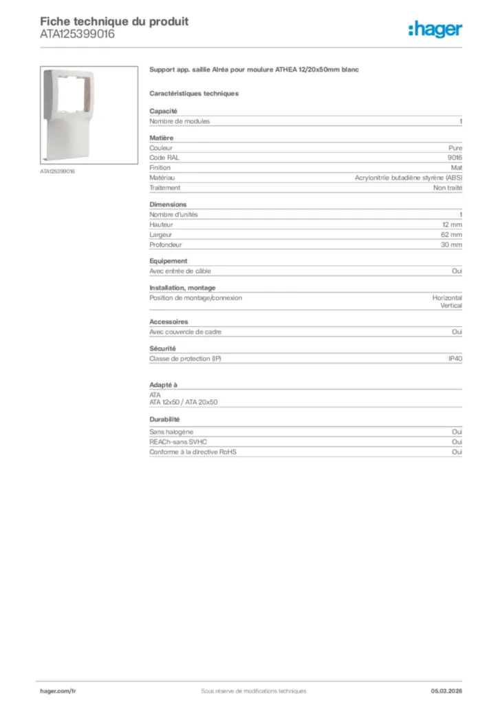 Image Hager Fiche technique du produit ATA125399016 | Hager France