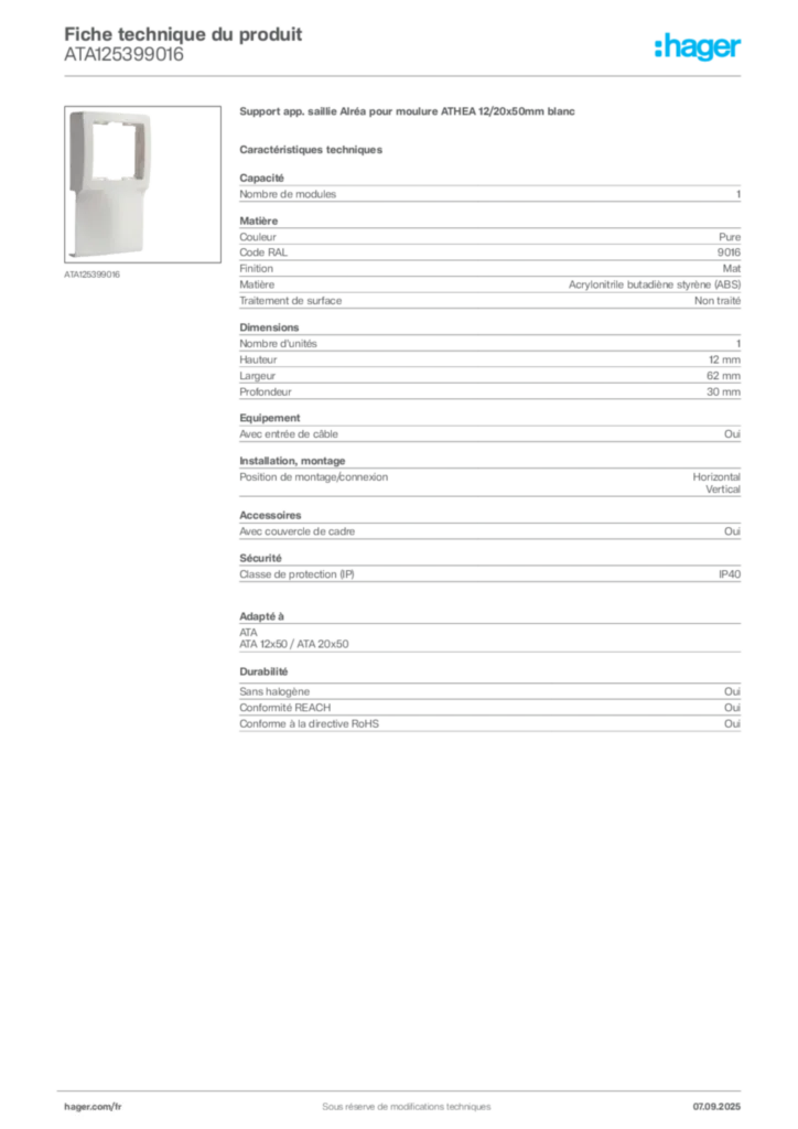 Image Hager Fiche technique du produit ATA125399016 | Hager France