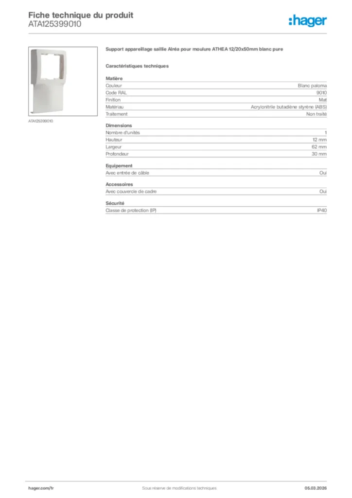 Image Hager Fiche technique du produit ATA125399010 | Hager France