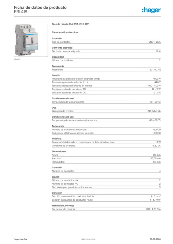 Imagen Hager Ficha de datos de producto ERL418 | Hager España