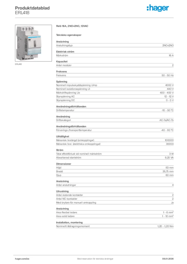 Bild Hager Produktdatablad ERL418 | Hager Sverige
