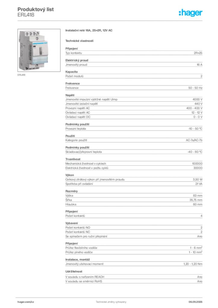 Obrázek Hager Produktový list ERL418 | Hager
