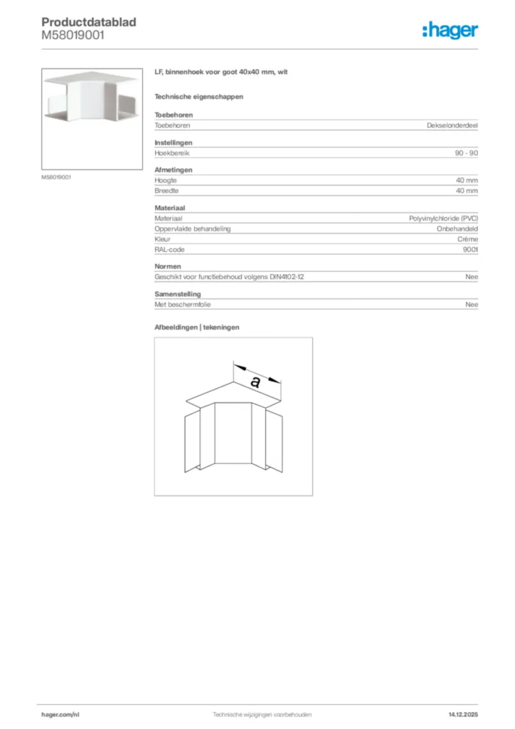 Afbeelding Hager Productdatablad M58019001 | Hager Nederland