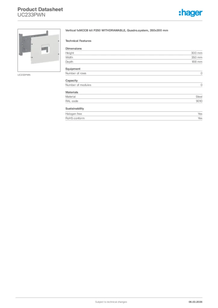 Image Hager Product data sheet UC233PWN  | Hager Africa