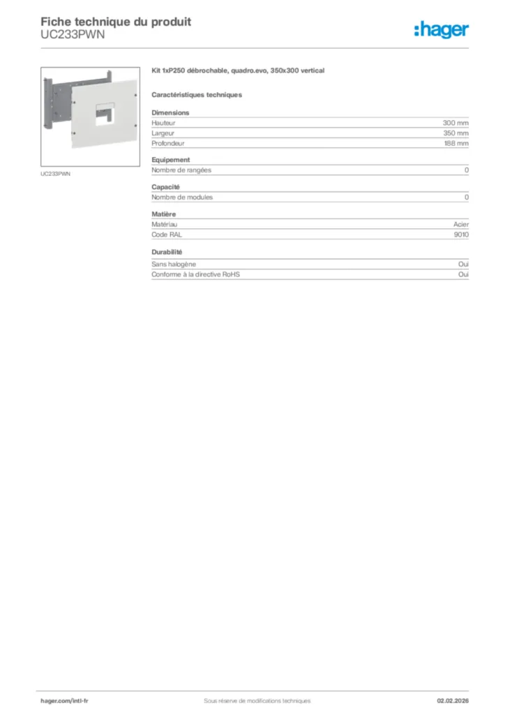 Image Hager Fiche technique du produit UC233PWN | Hager Afrique
