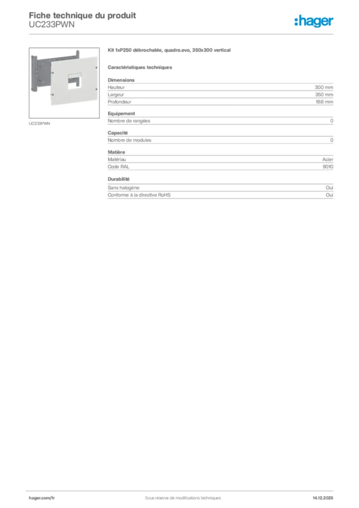 Image Hager Fiche technique du produit UC233PWN | Hager France