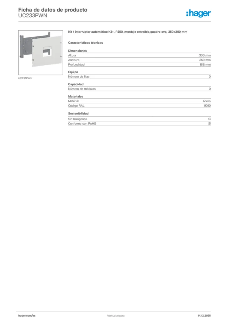 Imagen Hager Ficha de datos de producto UC233PWN | Hager España
