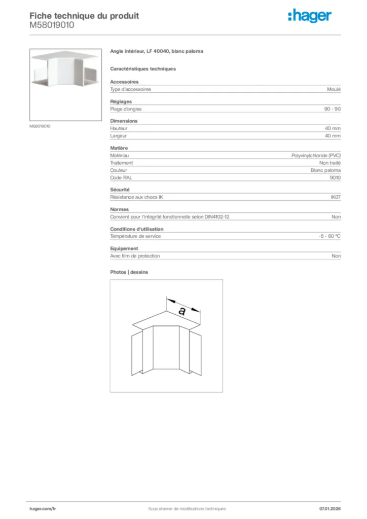Image Hager Fiche technique du produit M58019010 | Hager France