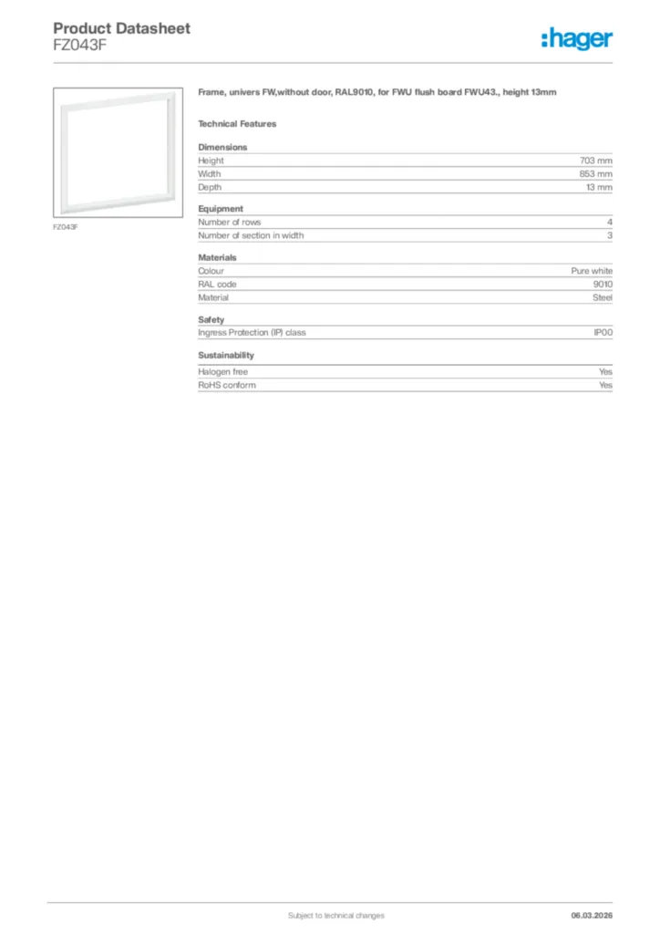 Image Hager Product data sheet FZ043F  | Hager Africa