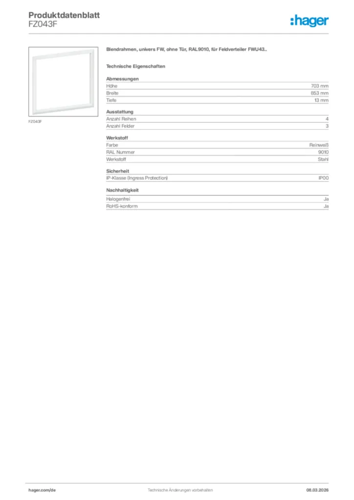 Bild Hager Produktdatenblatt FZ043F | Hager Deutschland