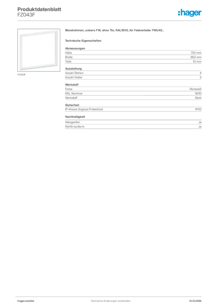 Bild Hager Produktdatenblatt FZ043F | Hager Deutschland