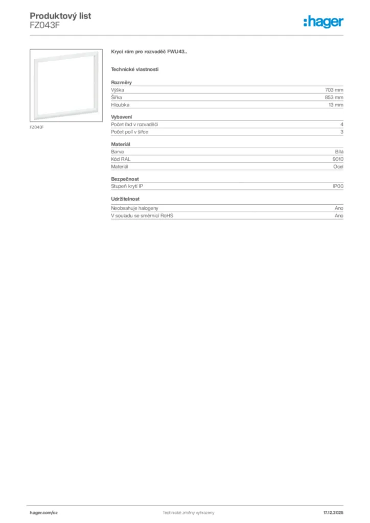 Obrázek Hager Produktový list FZ043F | Hager