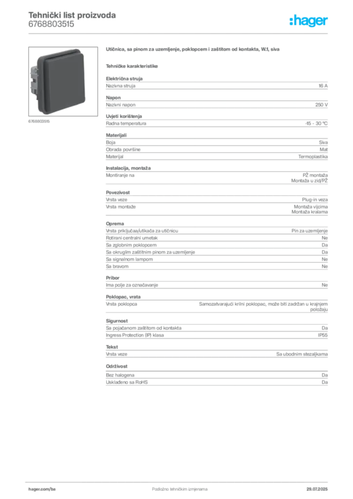 Slika Hager Product data sheet 6768803515  | Hager
