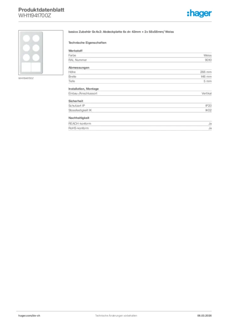 Bild Hager Produktdatenblatt WH11941700Z | Hager Schweiz