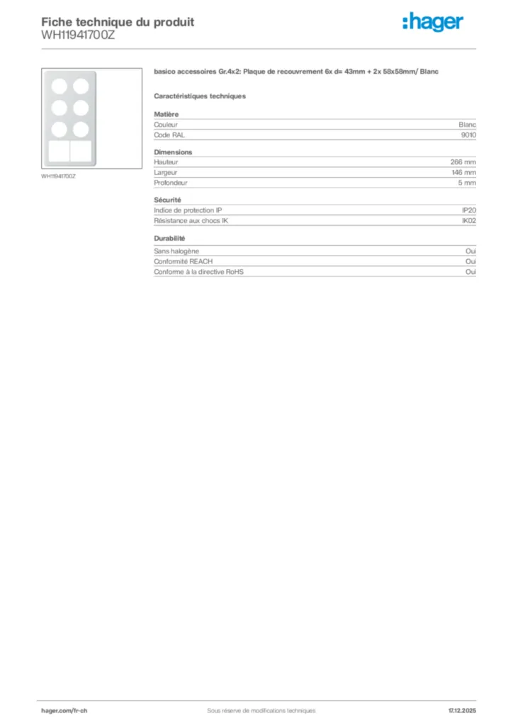Image Hager Fiche technique du produit WH11941700Z | Hager Suisse