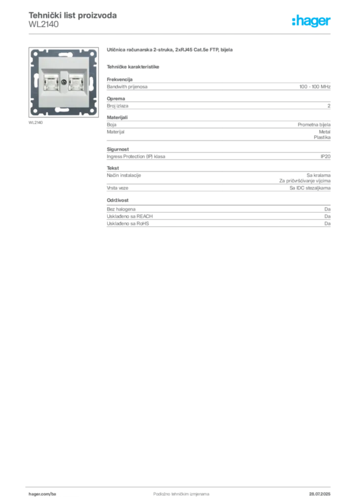 Slika Hager Product data sheet WL2140  | Hager