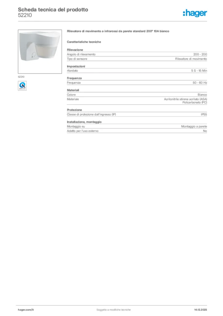 Immagine Hager Scheda tecnica del prodotto 52210 | Hager Italia