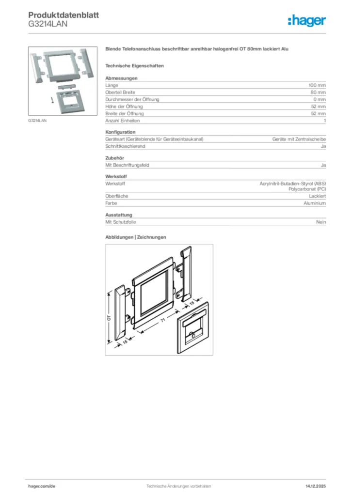 Bild Hager Produktdatenblatt G3214LAN | Hager Deutschland