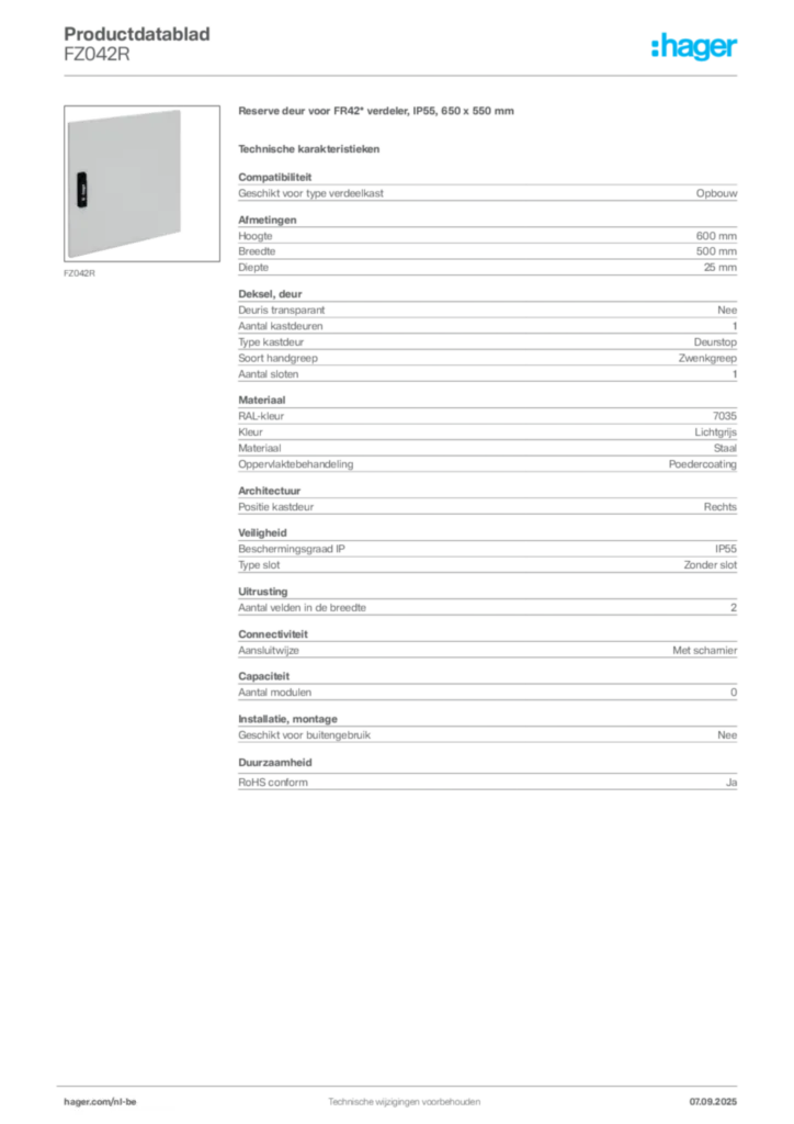 Afbeelding Hager Productdatablad FZ042R | Hager Belgium