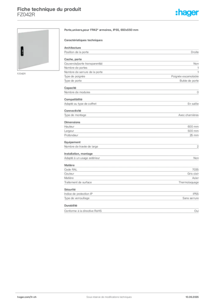 Image Hager Fiche technique du produit FZ042R | Hager Suisse