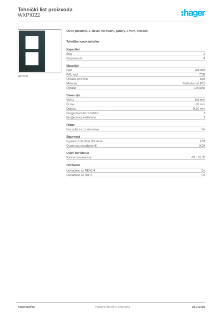 Slika Hager Product data sheet WXP1022  | Hager