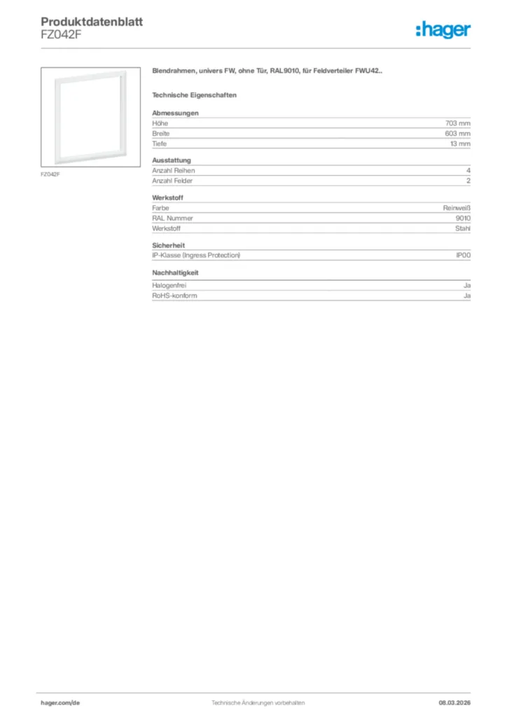 Bild Hager Produktdatenblatt FZ042F | Hager Deutschland