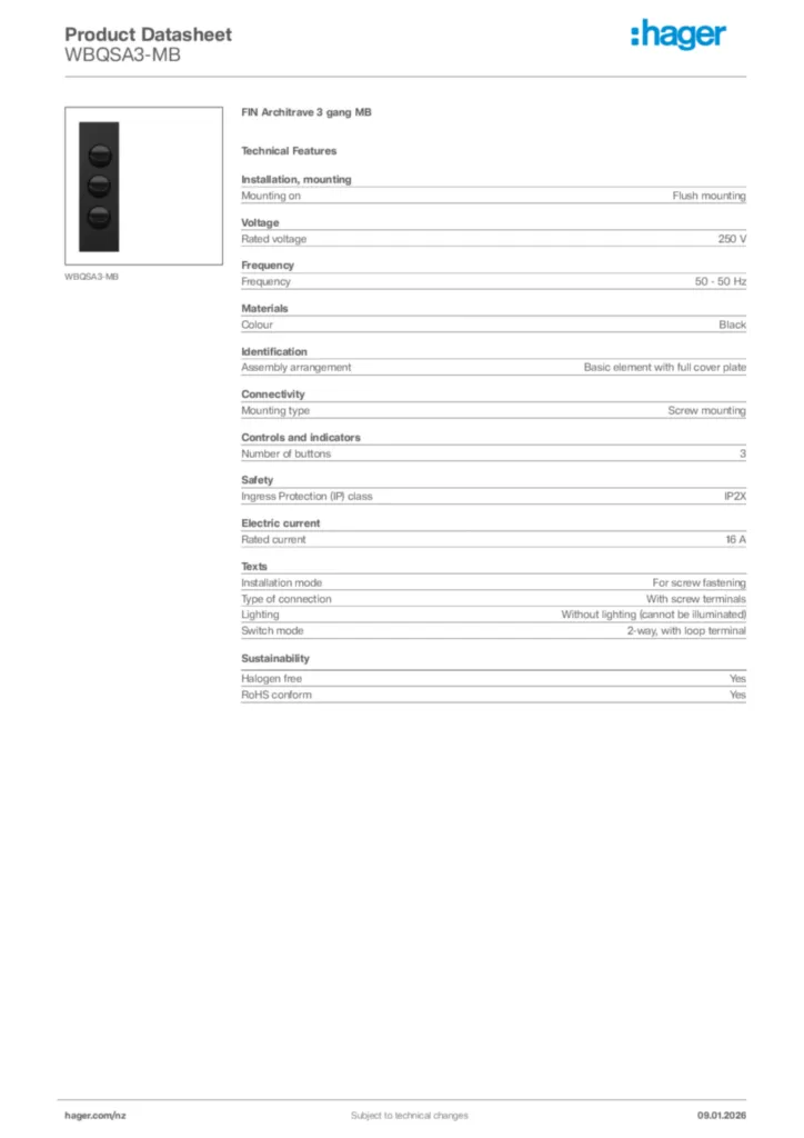 Image Hager Product data sheet WBQSA3-MB  | Hager New Zealand