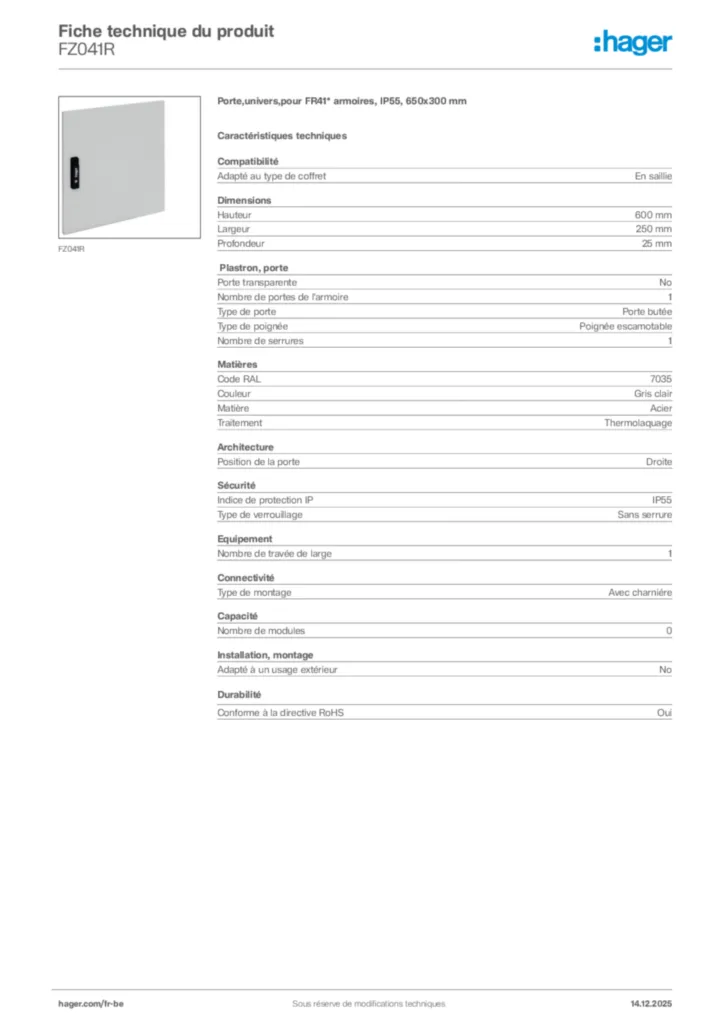 Image Hager Fiche technique du produit FZ041R | Hager Belgique