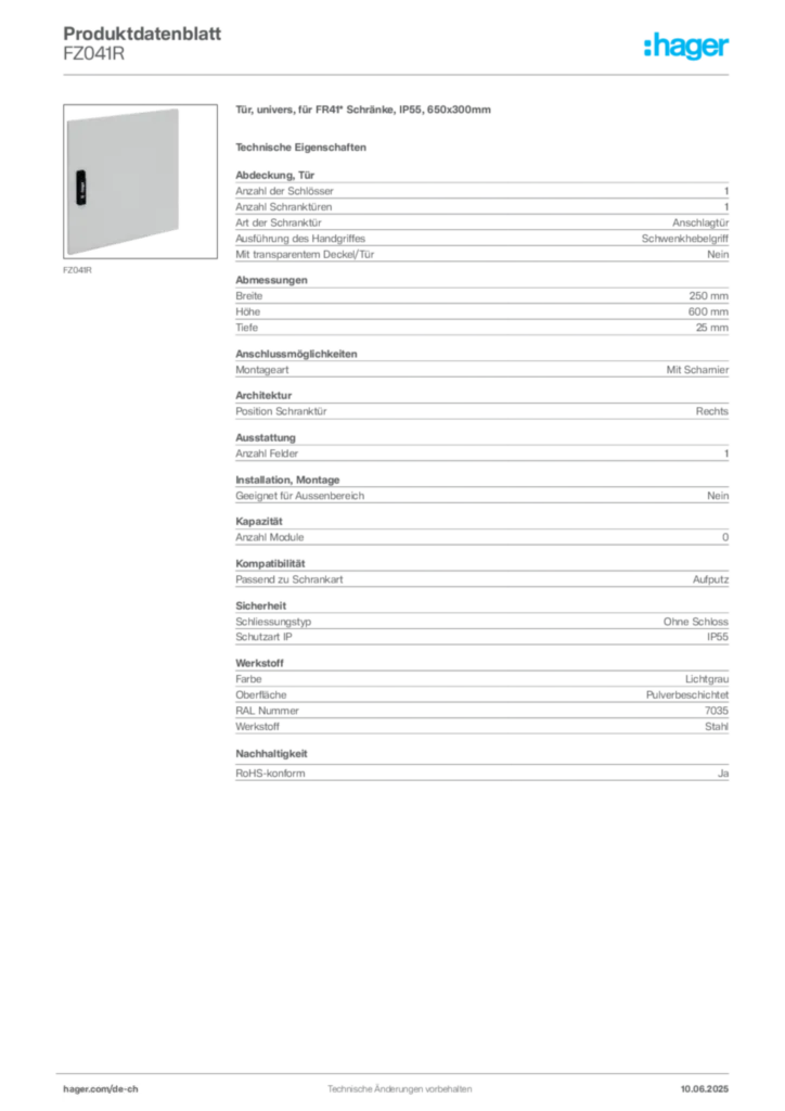 Bild Hager Produktdatenblatt FZ041R | Hager Schweiz