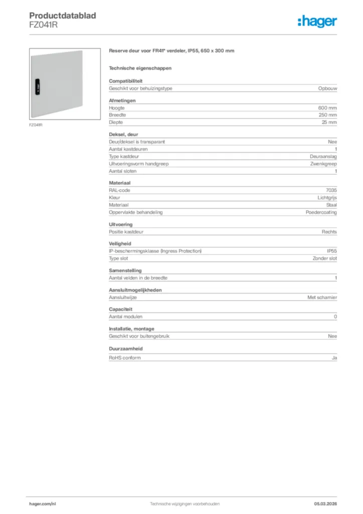 Afbeelding Hager Productdatablad FZ041R | Hager Nederland