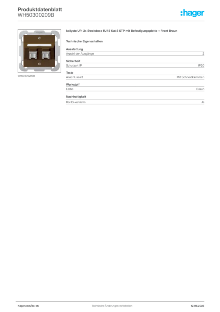 Bild Hager Produktdatenblatt WH50300209B | Hager Schweiz