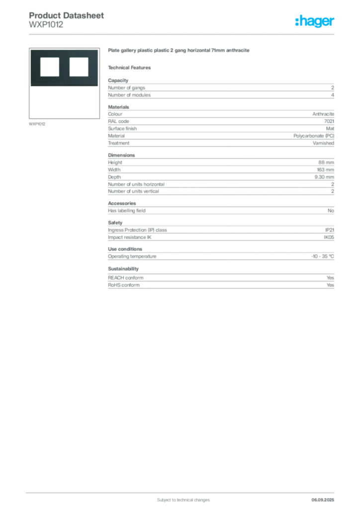 Image Hager Product data sheet WXP1012  | Hager