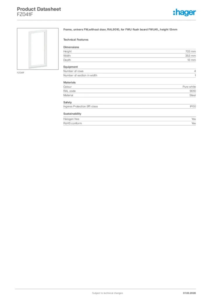 Image Hager Product data sheet FZ041F  | Hager Africa