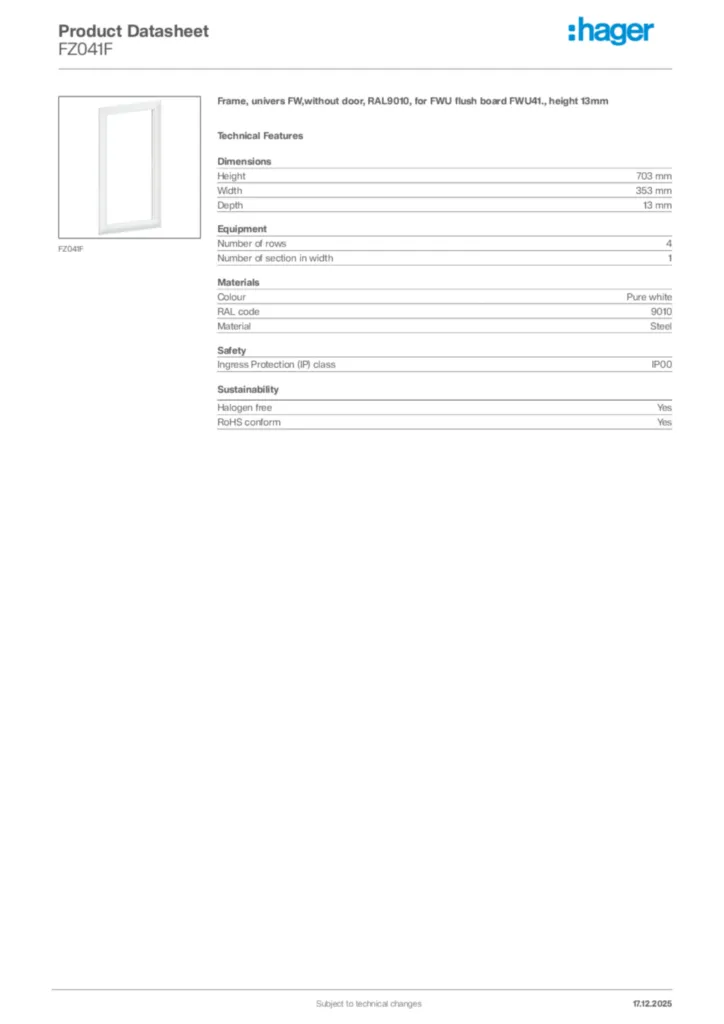Image Hager Product data sheet FZ041F  | Hager Africa