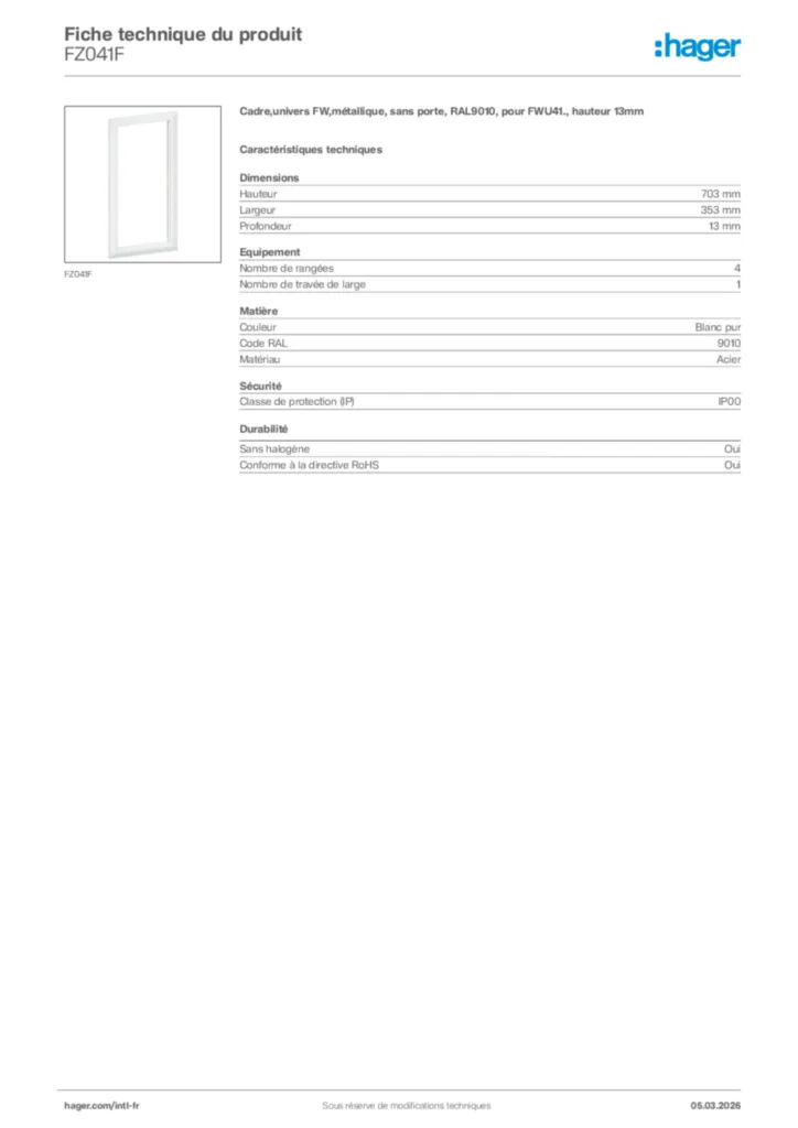 Image Hager Fiche technique du produit FZ041F | Hager Afrique