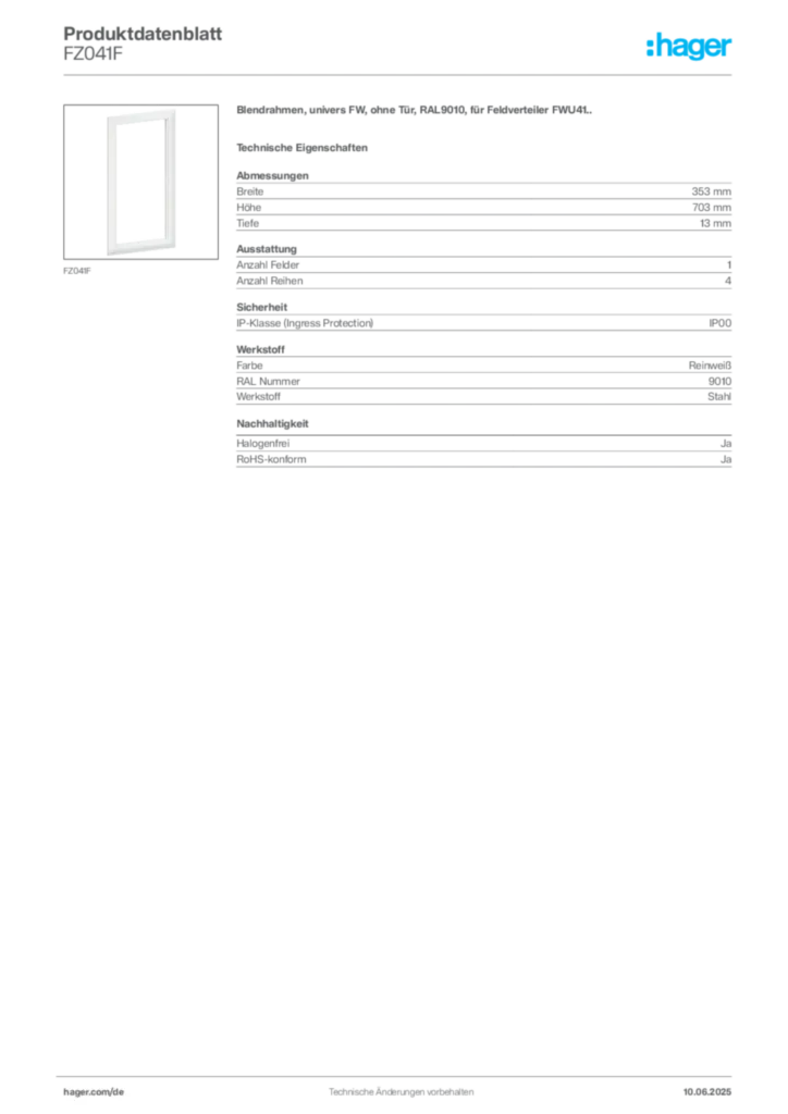 Bild Hager Produktdatenblatt FZ041F | Hager Deutschland