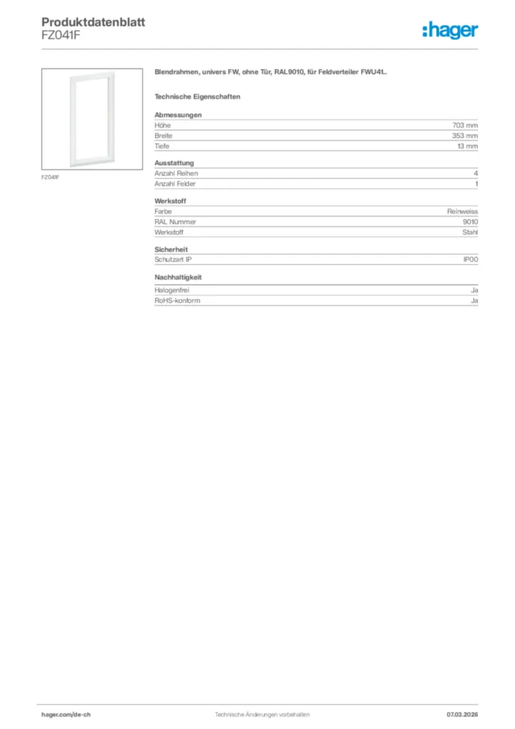 Bild Hager Produktdatenblatt FZ041F | Hager Schweiz