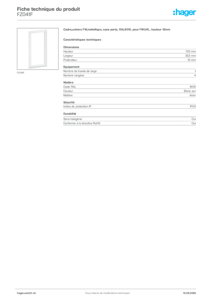 Image Hager Fiche technique du produit FZ041F | Hager Suisse
