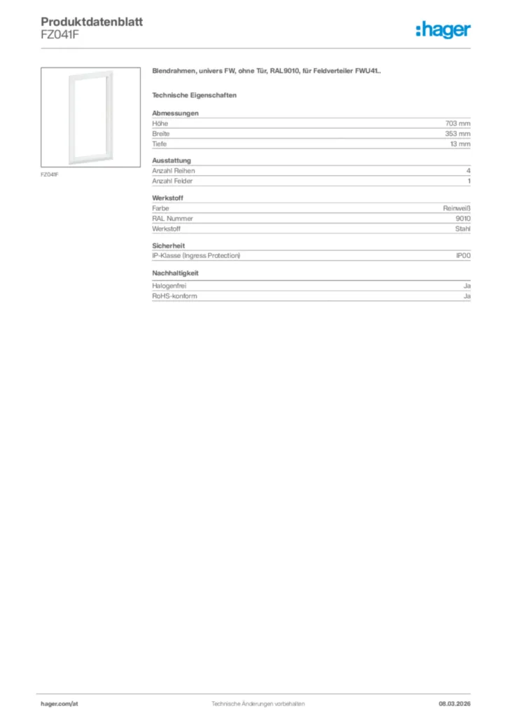 Bild Hager Produktdatenblatt FZ041F | Hager Deutschland